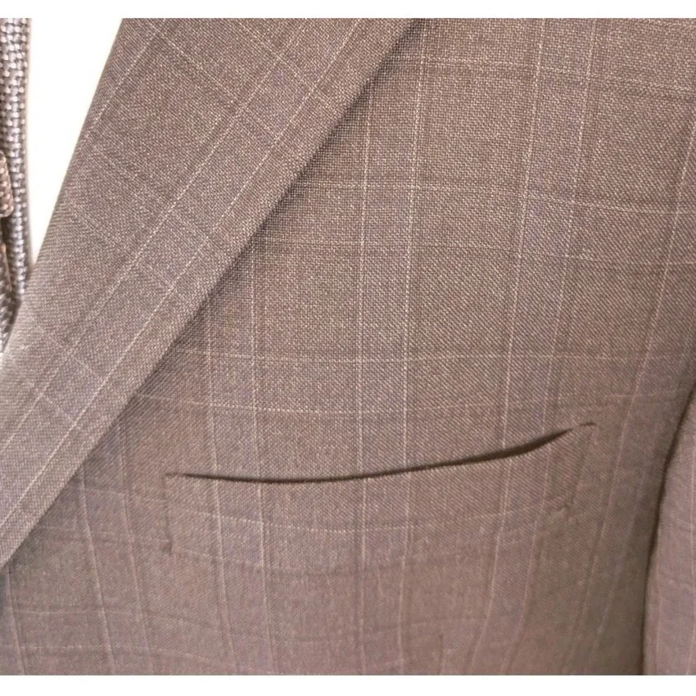 Hickey Freeman Suit Mens 44R Gray Blue Windowpane 2 Button 100% Wool 36x29 USA